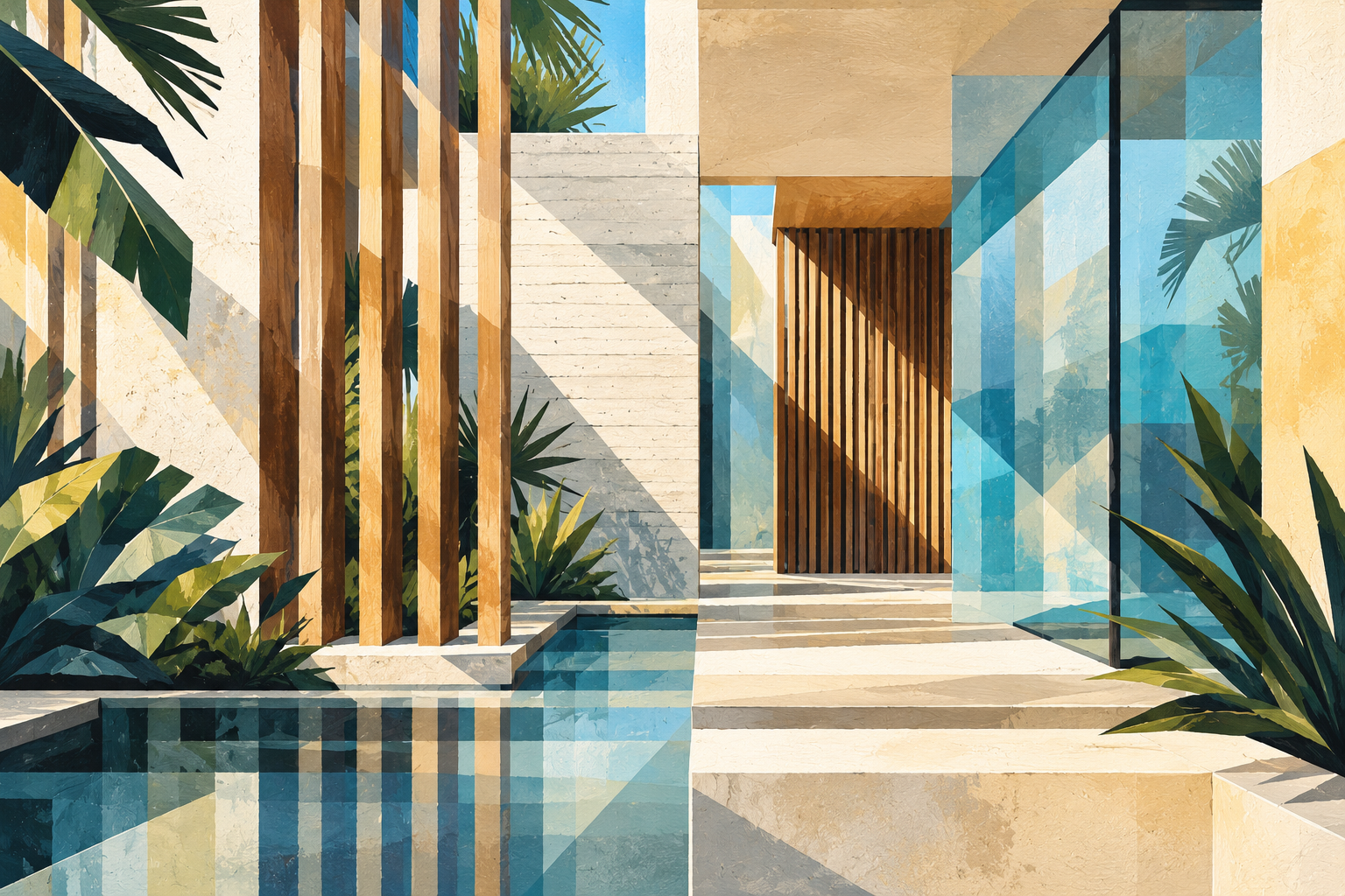 Architectural study of timber, glass, stone, water, and tropical planting