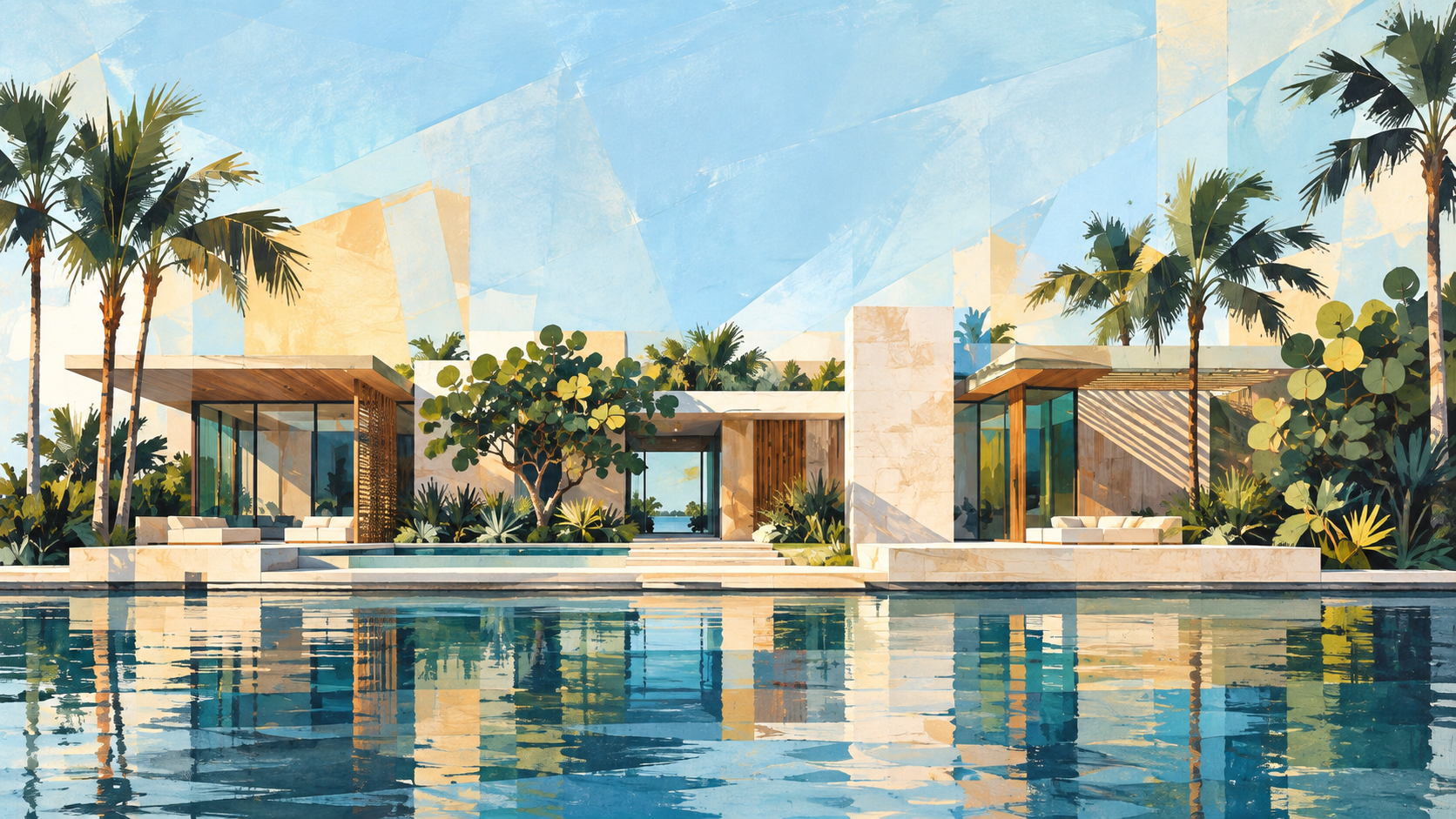 Tropical Miami waterfront residence surrounded by palms and reflected in calm water